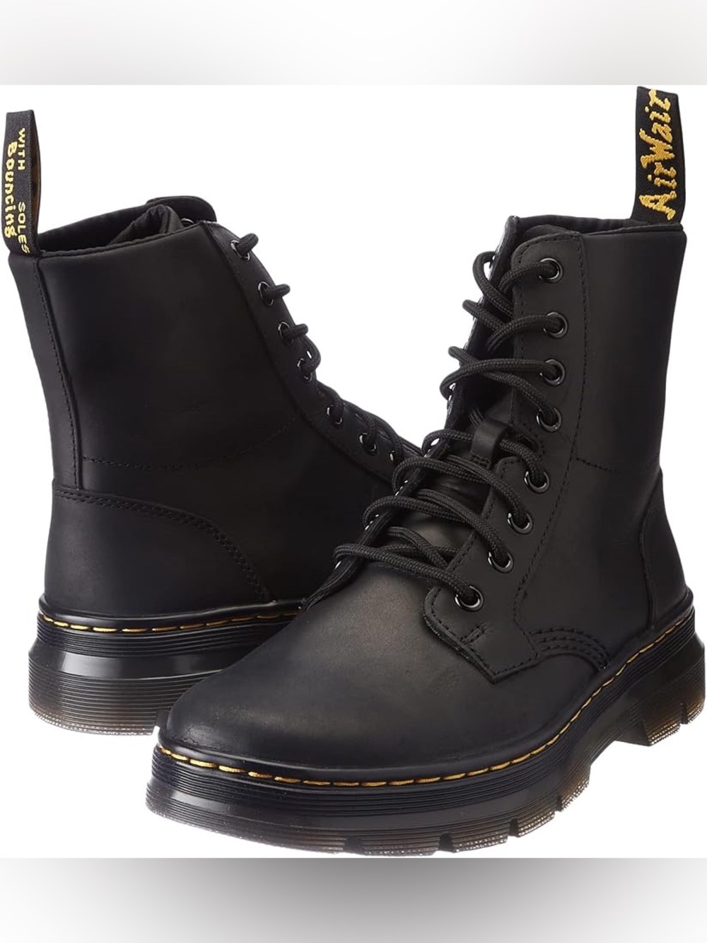 8 eye Dr Martens Black Leather Lace-Up Combat Boots with Yellow Welt Stitchi